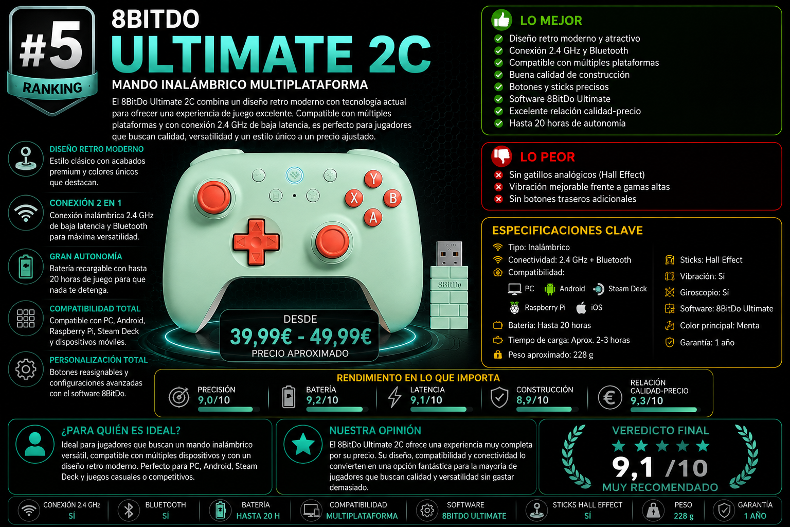 8BitDo Ultimate 2C mando gaming inalámbrico con Hall Effect, Bluetooth y conexión 2.4 GHz en 2026