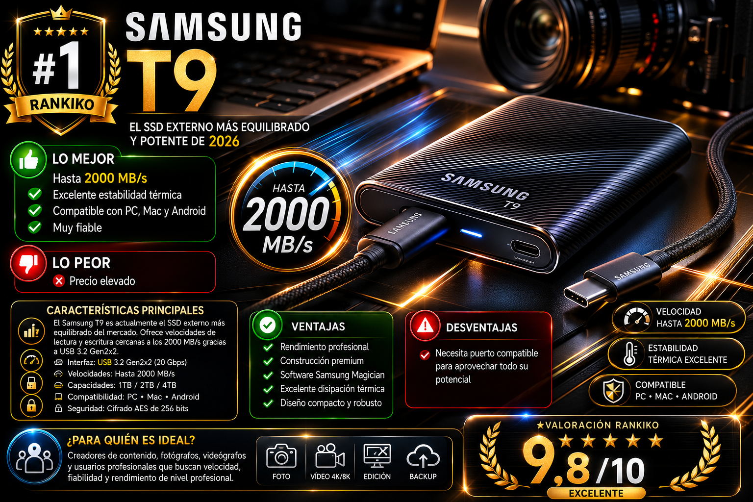 Samsung T9 SSD externo portátil con velocidad de hasta 2000 MB/s análisis y comparativa Rankiko 2026