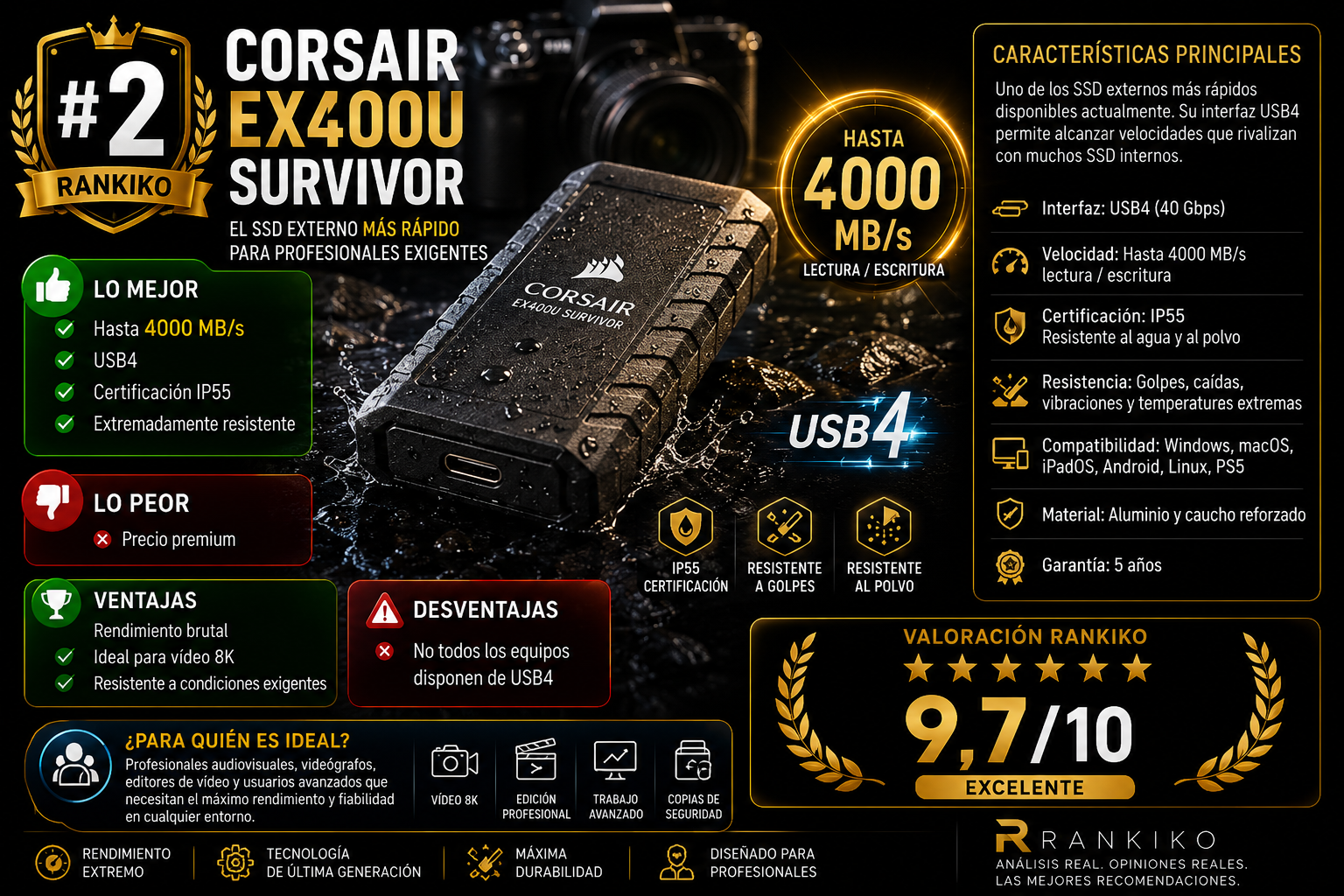 Corsair EX400U Survivor SSD externo USB4 con velocidad de hasta 4000 MB/s análisis y comparativa Rankiko 2026