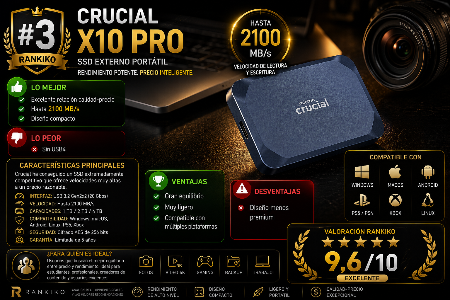 Crucial X10 Pro SSD externo portátil con velocidad de hasta 2100 MB/s análisis y comparativa Rankiko 2026