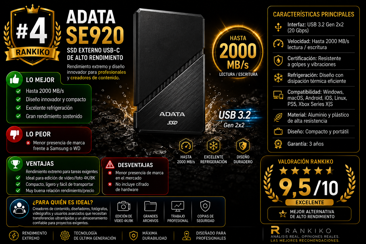 ADATA SE920 SSD externo USB4 con velocidades de hasta 3800 MB/s análisis y comparativa Rankiko 2026