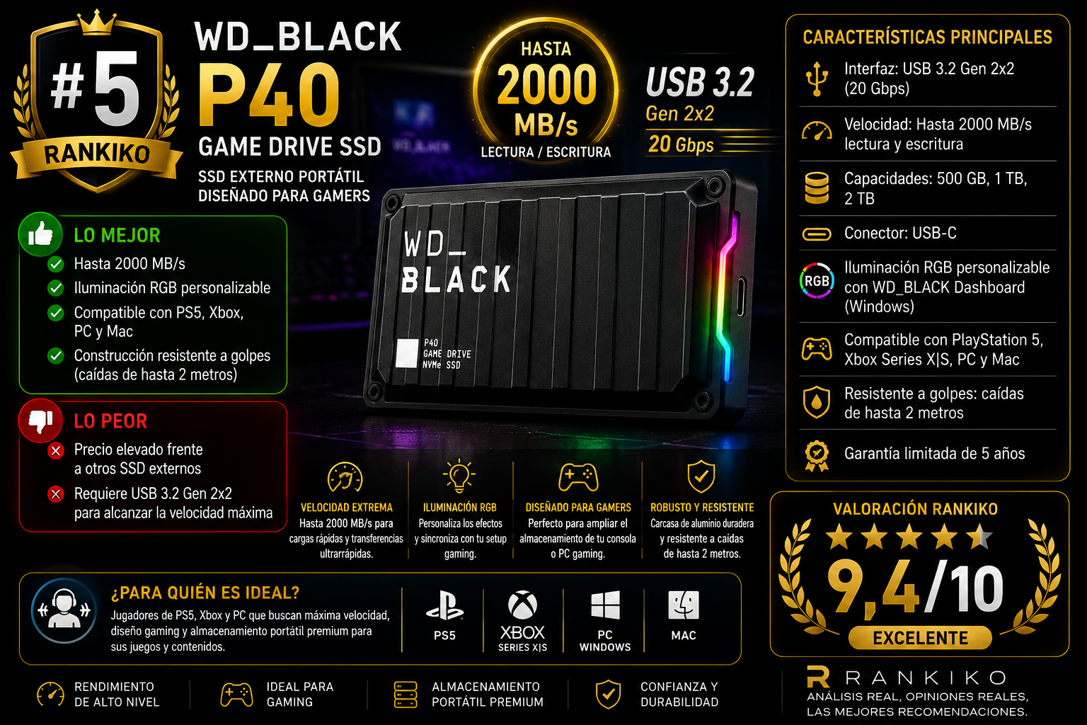 WD_BLACK P40 Game Drive SSD externo para gaming con velocidades de hasta 2000 MB/s análisis y comparativa Rankiko 2026