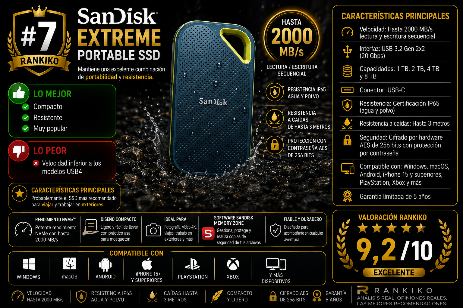 SanDisk Extreme Portable SSD resistente con certificación IP65 y velocidades de hasta 2000 MB/s análisis Rankiko 2026