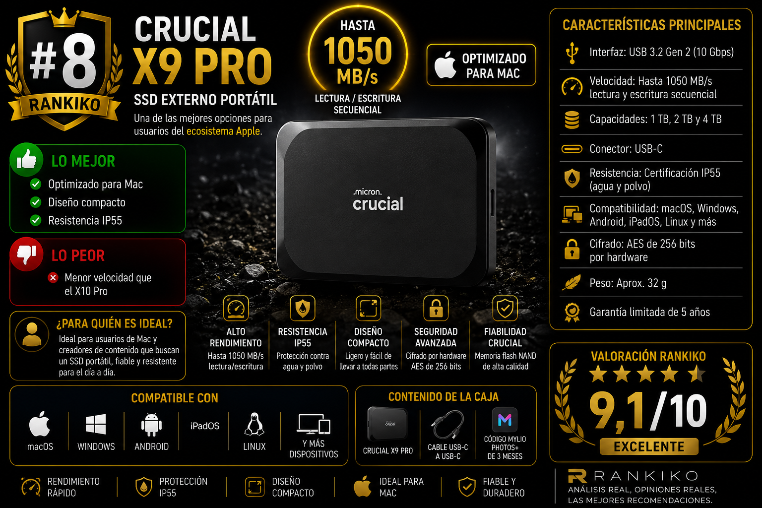 Crucial X9 Pro SSD externo portátil optimizado para Mac con certificación IP55 y velocidades de hasta 1050 MB/s análisis Rankiko 2026