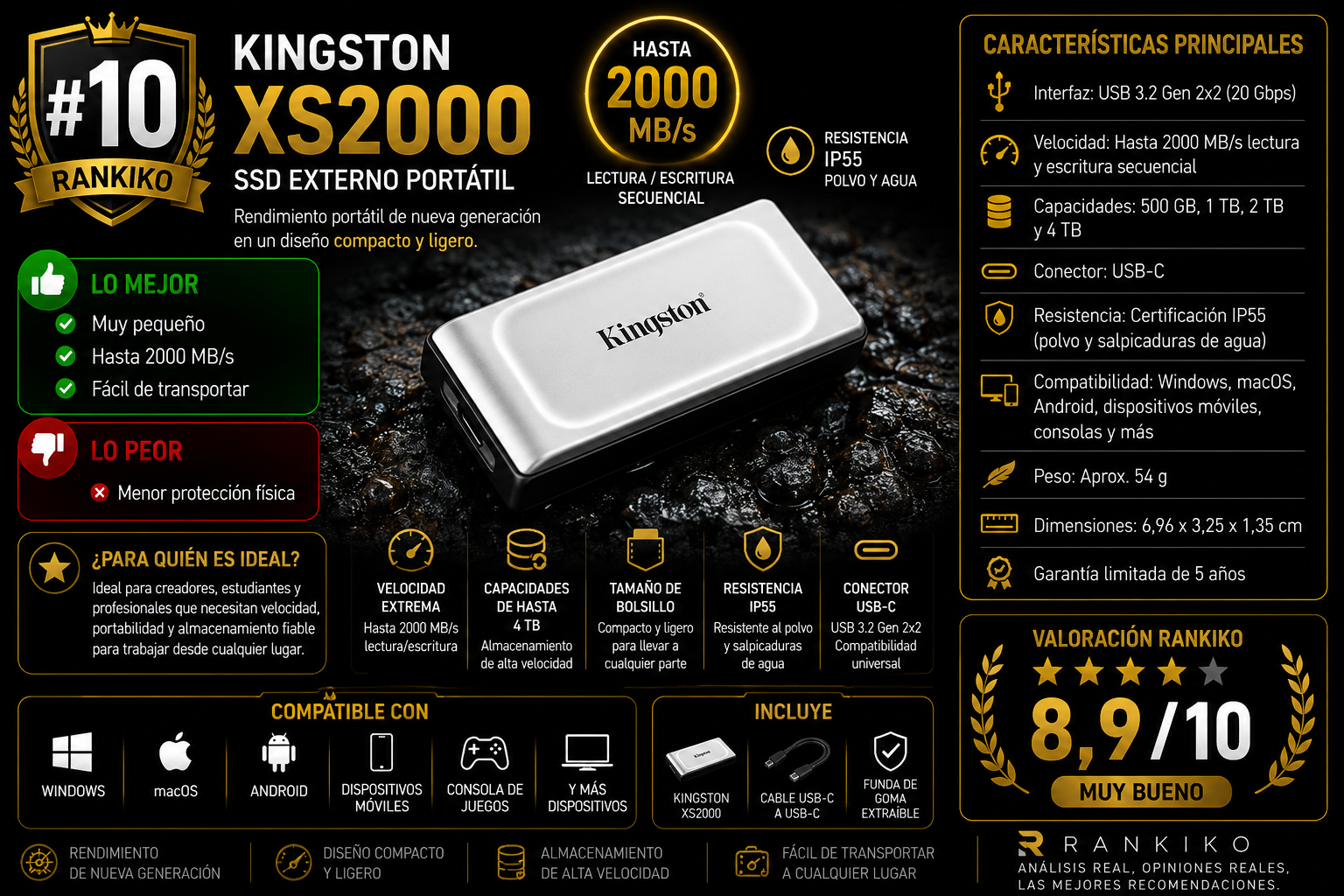 Kingston XS2000 SSD externo portátil con velocidades de hasta 2000 MB/s y diseño ultracompacto análisis Rankiko 2026