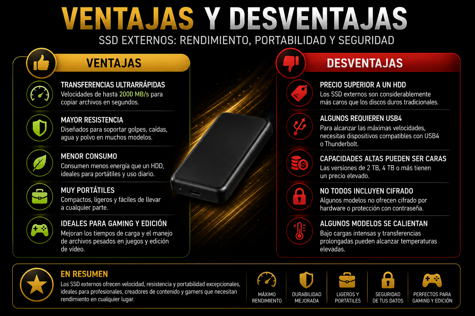 Ventajas y desventajas de los SSD externos comparativa de rendimiento portabilidad seguridad y almacenamiento Rankiko 2026