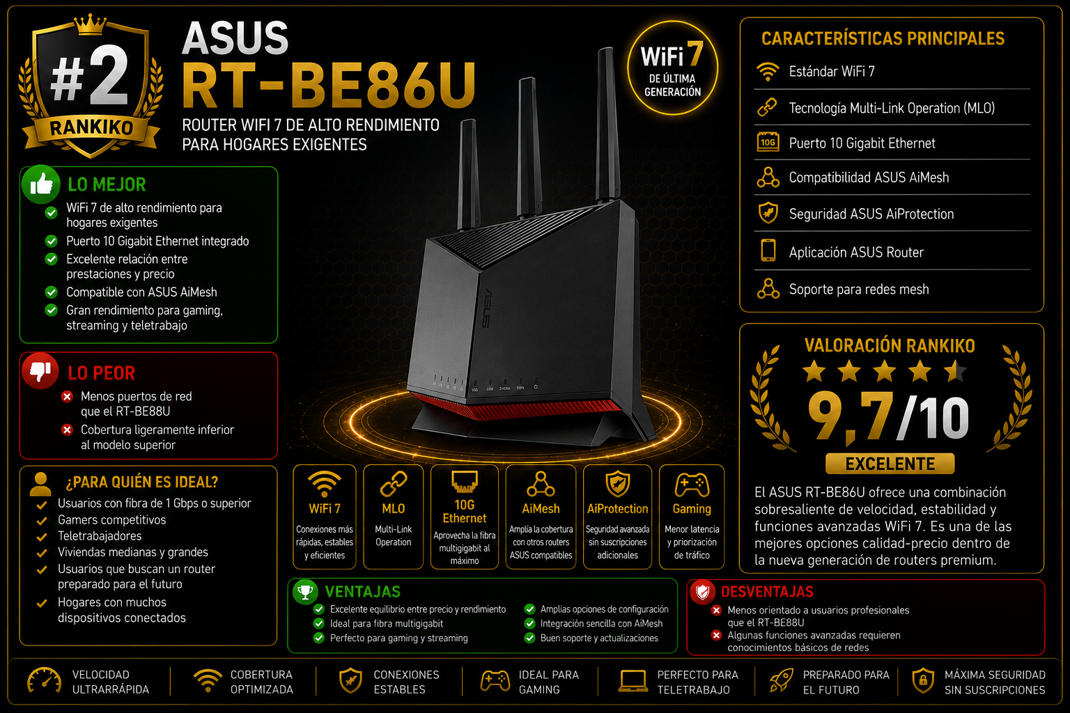 ASUS RT-BE86U router WiFi 7 con puerto 10 Gigabit Ethernet, AiMesh y tecnología Multi-Link Operation análisis Rankiko 2026