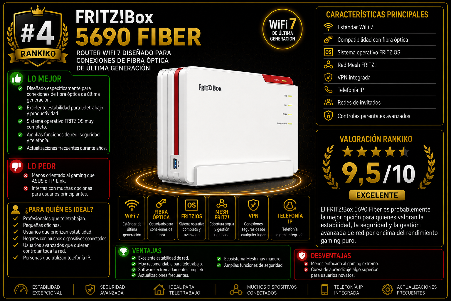 FRITZ Box 5690 Fiber router WiFi 7 para conexiones de fibra óptica de alta velocidad análisis Rankiko 2026