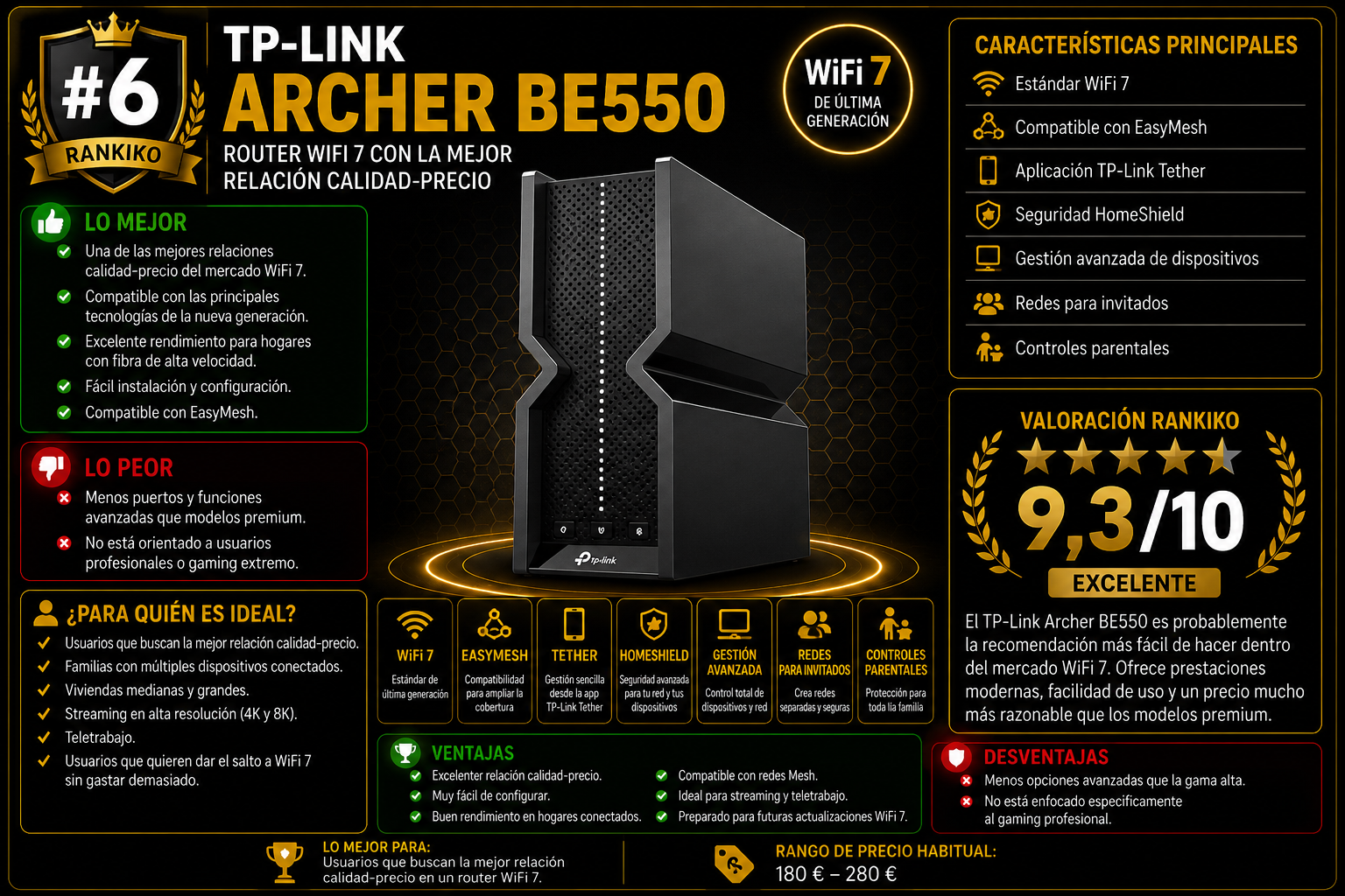 TP-Link Archer BE550 router WiFi 7 con EasyMesh, HomeShield y excelente relación calidad-precio análisis Rankiko 2026