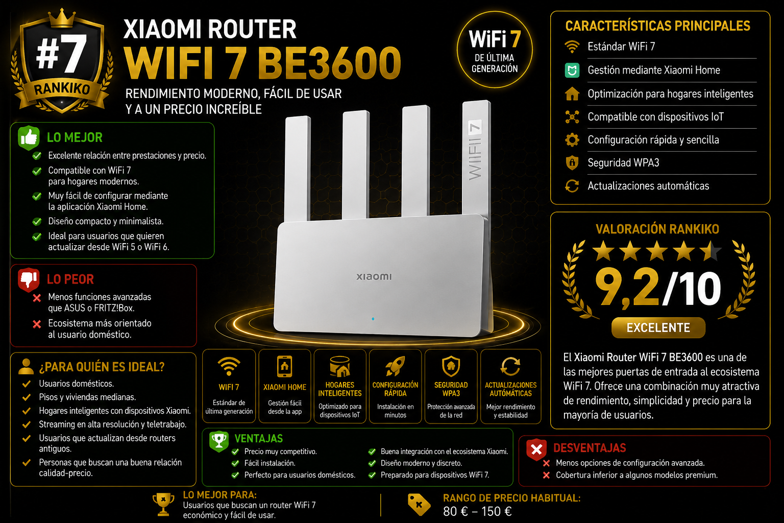 Xiaomi Router WiFi 7 BE3600 con tecnología WiFi 7, Xiaomi Home y seguridad WPA3 análisis Rankiko 2026