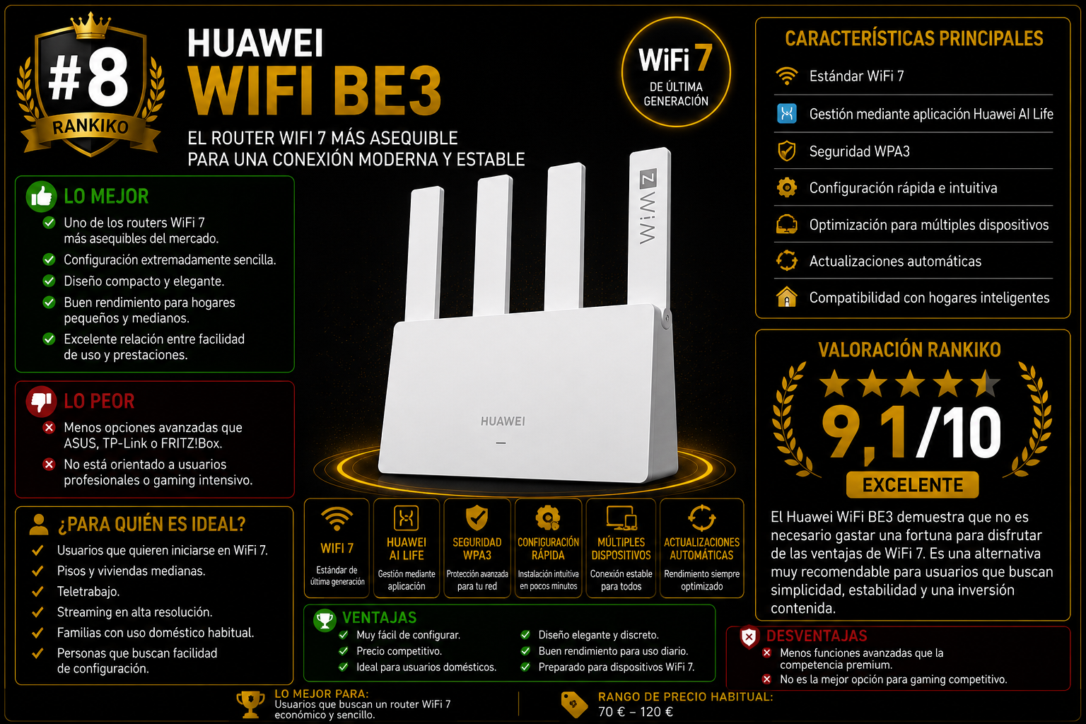 Huawei WiFi BE3 router WiFi 7 económico con seguridad WPA3 y gestión mediante Huawei AI Life análisis Rankiko 2026