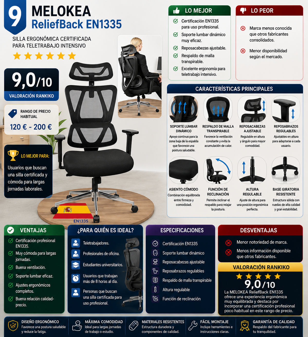 MELOKEA ReliefBack EN1335 silla ergonómica certificada para teletrabajo con soporte lumbar dinámico y respaldo de malla transpirable