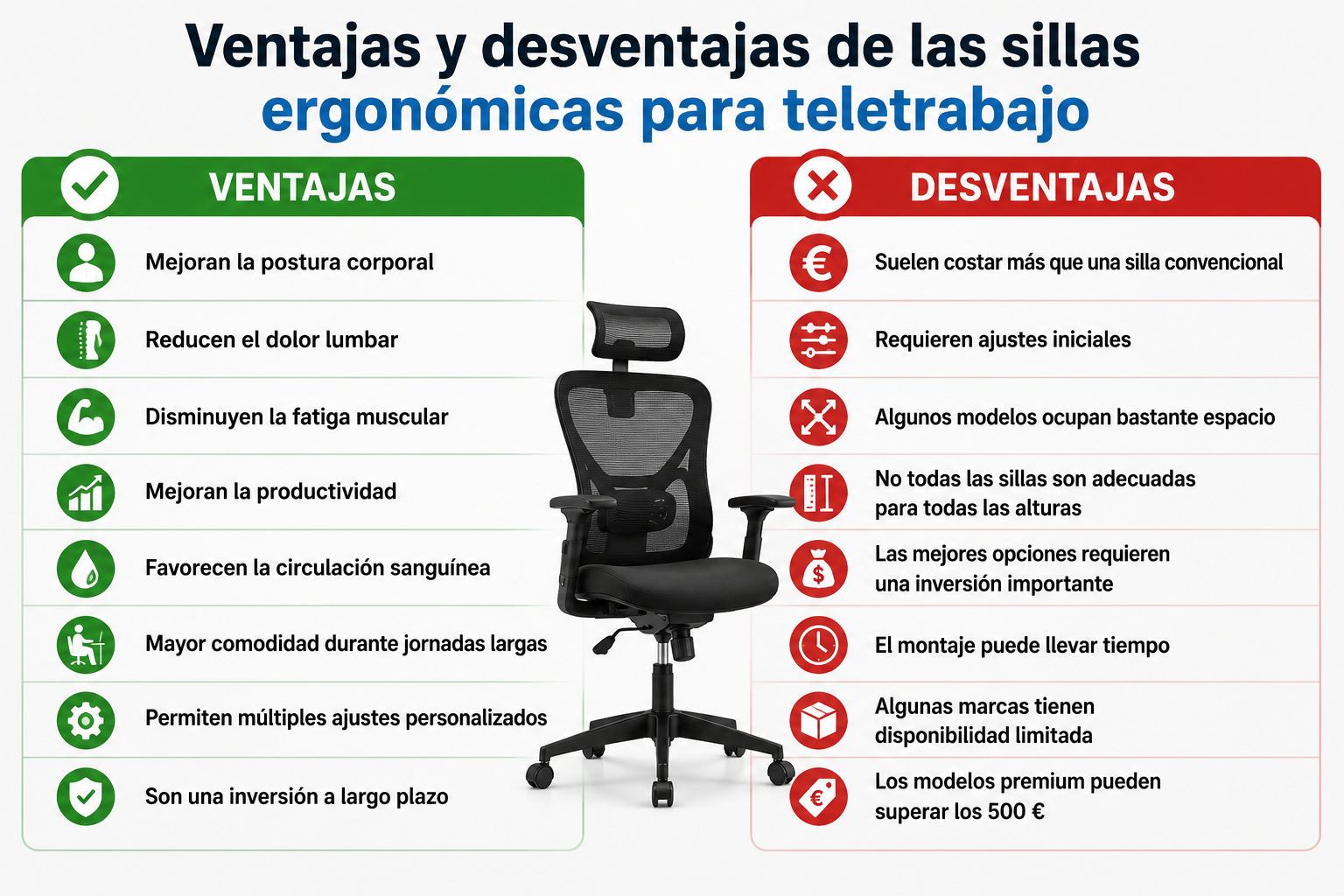 Ventajas y desventajas de las sillas ergonómicas para teletrabajo comparadas en una infografía visual con beneficios ergonómicos y posibles inconvenientes