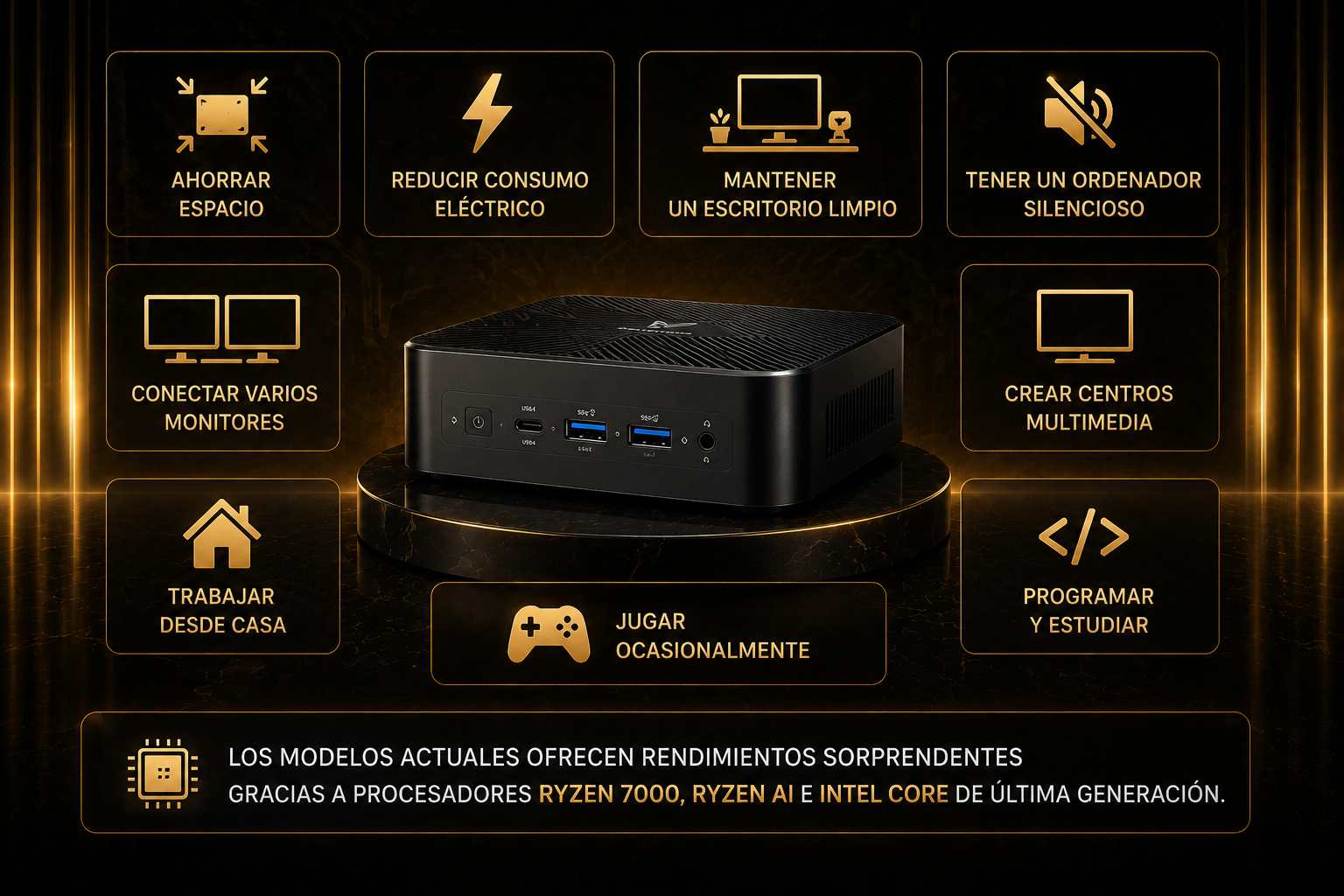 Ventajas de los mini PC modernos para productividad, teletrabajo, multimedia, programación y ahorro de espacio en el escritorio.