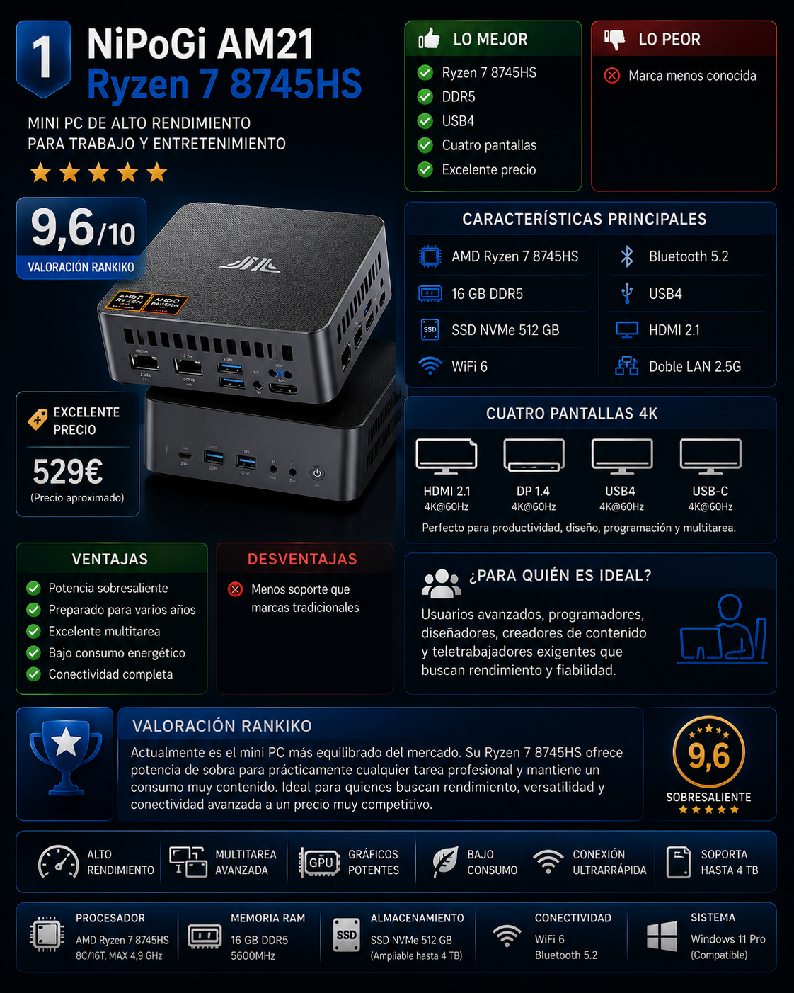 NiPoGi AM21 Ryzen 7 8745HS mini PC con DDR5, USB4, WiFi 6 y soporte para cuatro pantallas 4K.