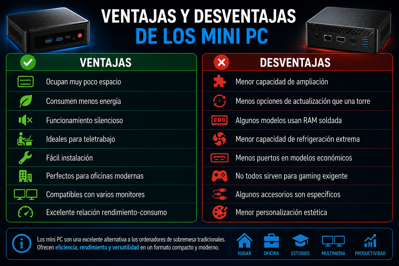 Infografía comparativa con las principales ventajas y desventajas de los mini PC para teletrabajo, oficina, estudios y productividad en 2026.