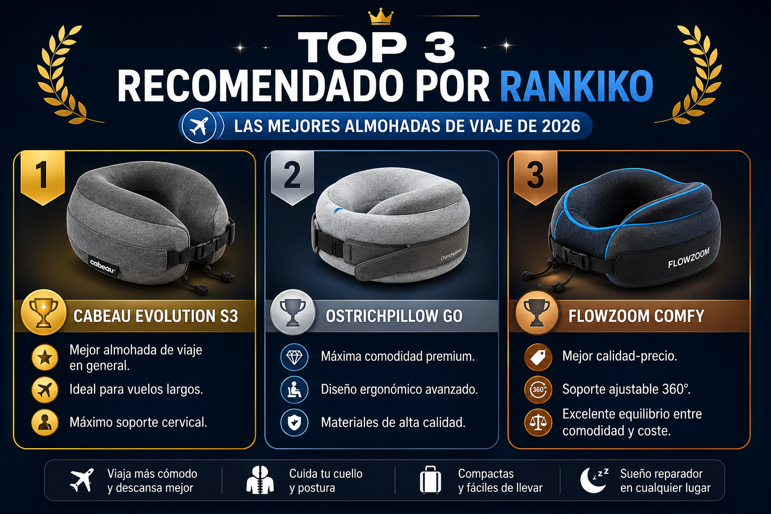 Top 3 mejores almohadas de viaje de 2026 recomendadas por Rankiko: Cabeau Evolution S3, Ostrichpillow Go y FLOWZOOM Comfy, comparativa visual con características destacadas.