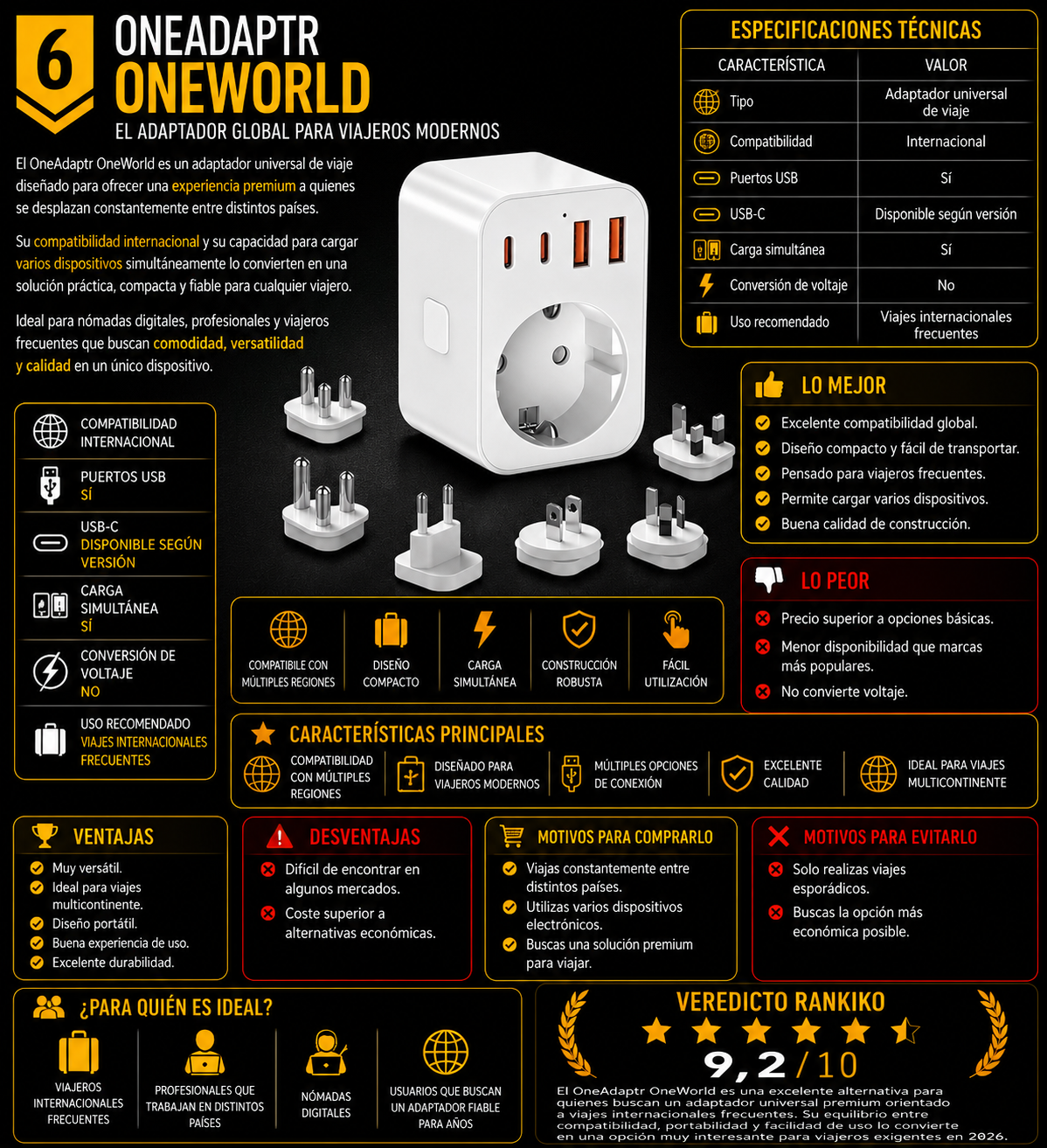 OneAdaptr OneWorld adaptador universal de viaje premium para viajeros frecuentes 2026