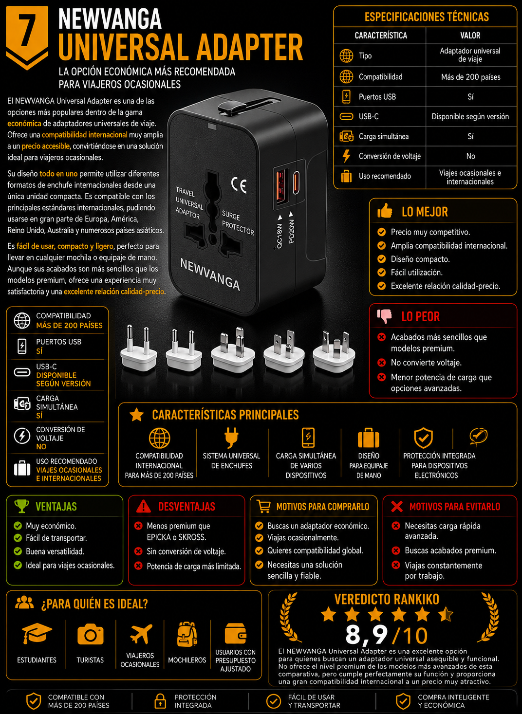 NEWVANGA Universal Adapter adaptador universal de viaje económico compatible con más de 200 países con puertos USB para viajeros internacionales.