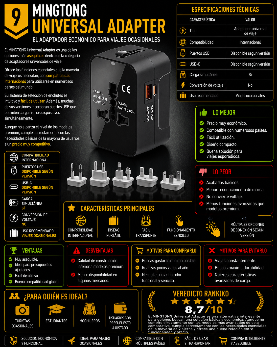 MINGTONG Universal Adapter adaptador universal de viaje económico compatible con múltiples países y puertos USB