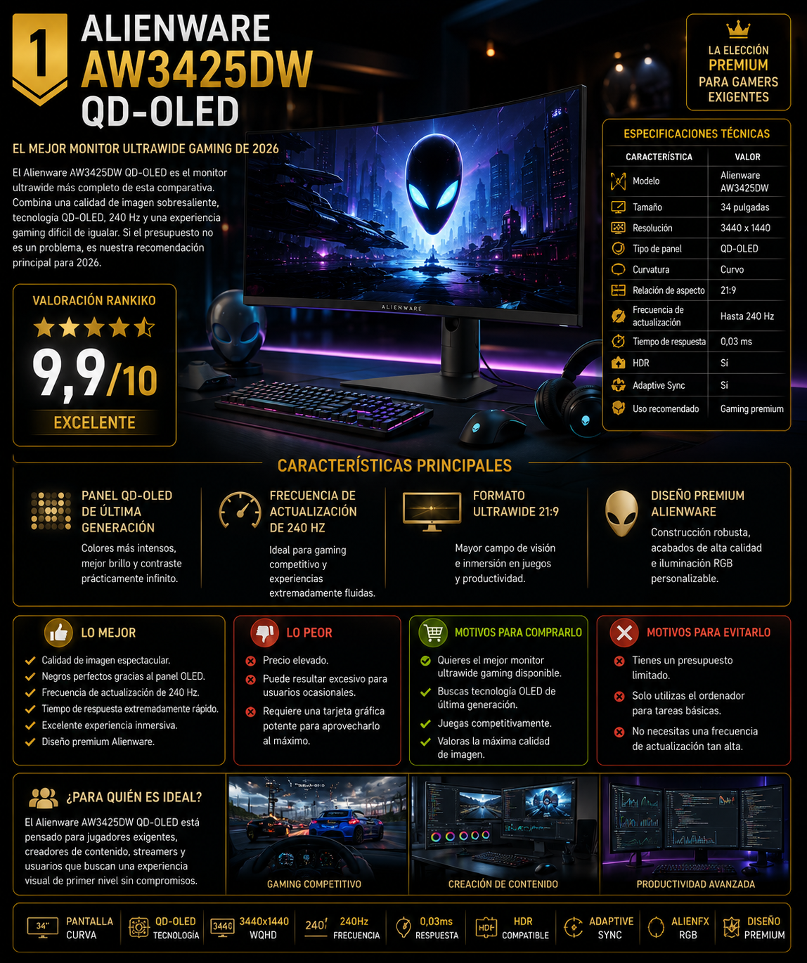 Alienware AW3425DW QD-OLED monitor ultrawide gaming 34 pulgadas comparativa 2026