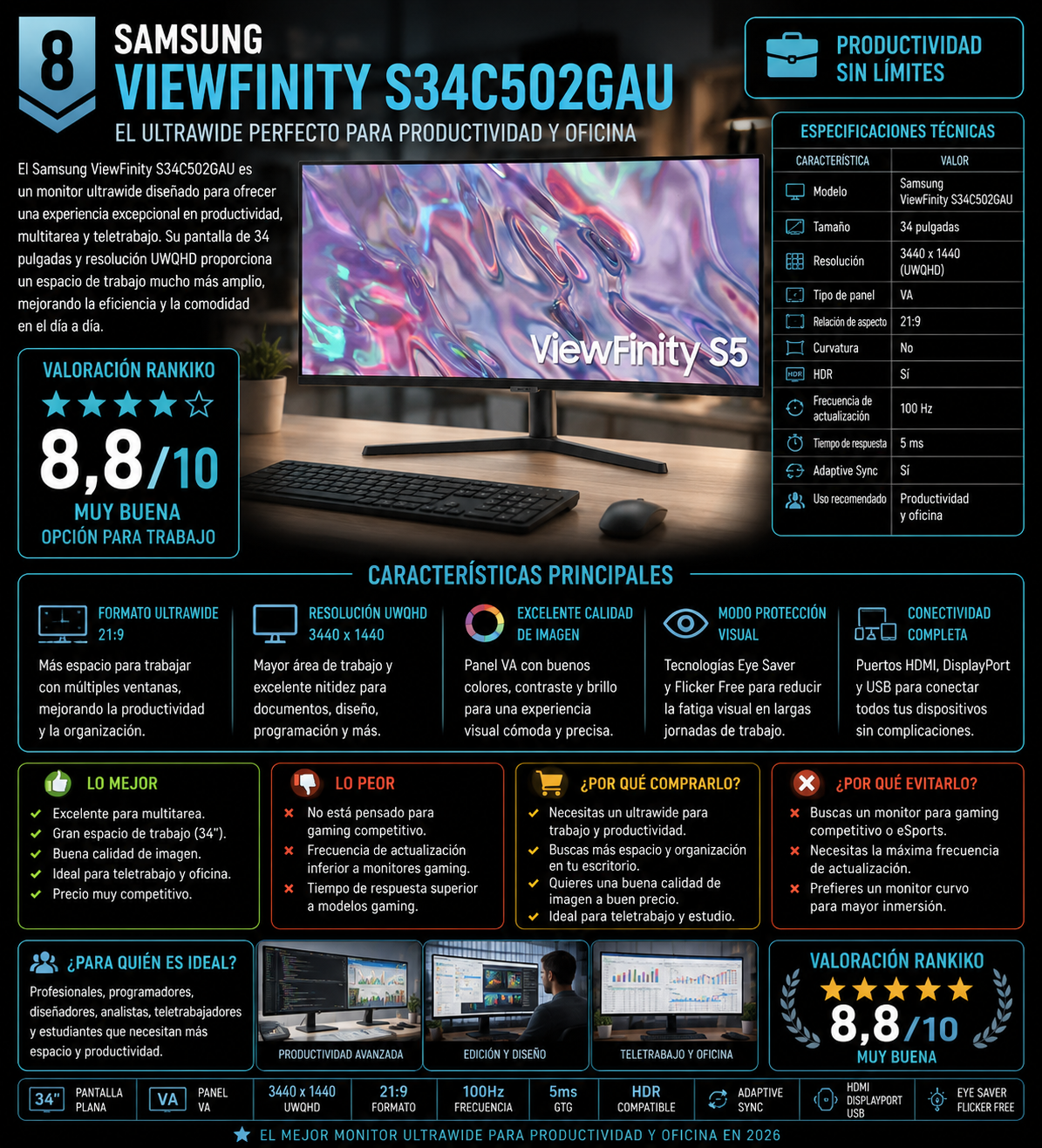 Samsung ViewFinity S34C502GAU monitor ultrawide 34 pulgadas productividad oficina análisis Rankiko 2026