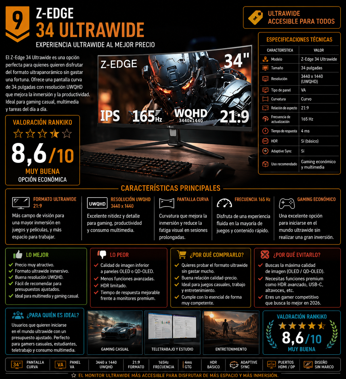 Z-Edge 34 Ultrawide monitor gaming curvo 34 pulgadas UWQHD 165Hz análisis Rankiko 2026