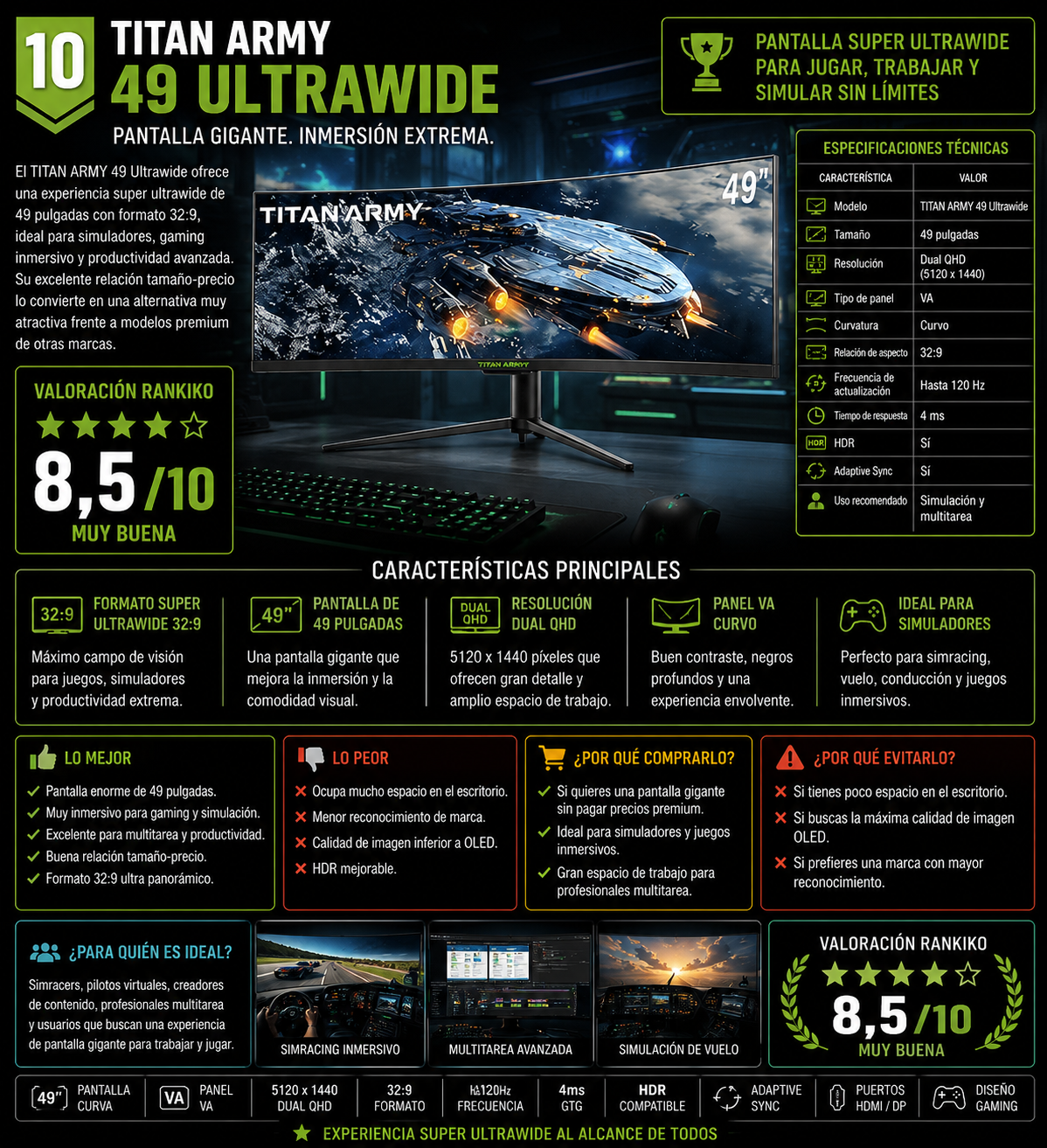TITAN ARMY 49 Ultrawide monitor curvo Dual QHD 49 pulgadas para gaming y productividad 2026