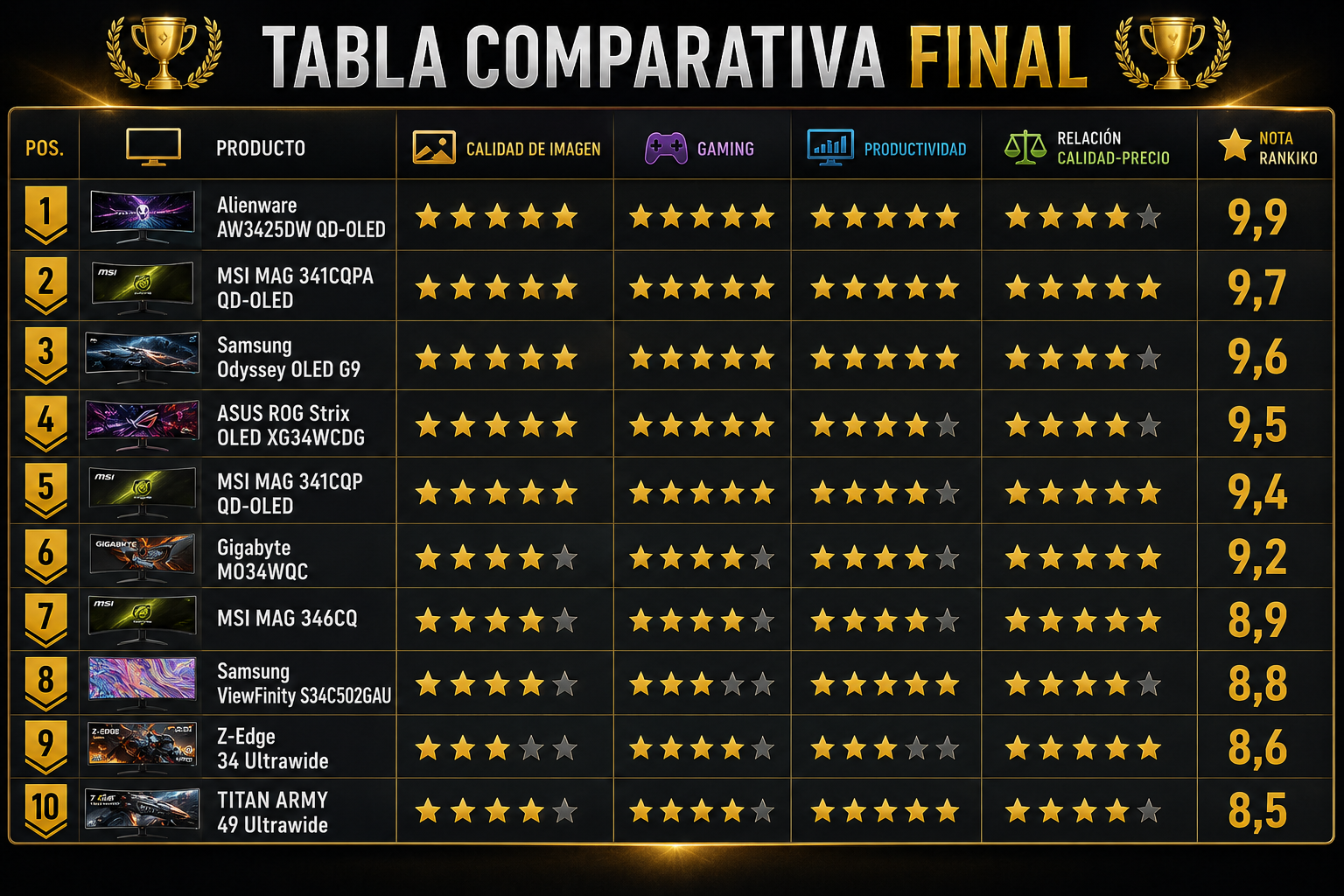 Tabla comparativa mejores monitores ultrawide 2026 Alienware MSI Samsung ASUS Gigabyte