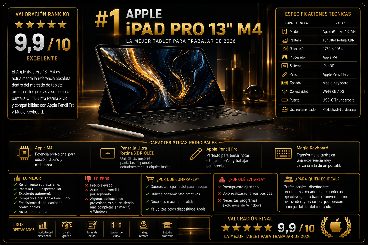 Apple iPad Pro 13 M4 comparativa profesional 2026 con análisis completo, especificaciones técnicas, ventajas, desventajas y valoración Rankiko 9,9 sobre 10.