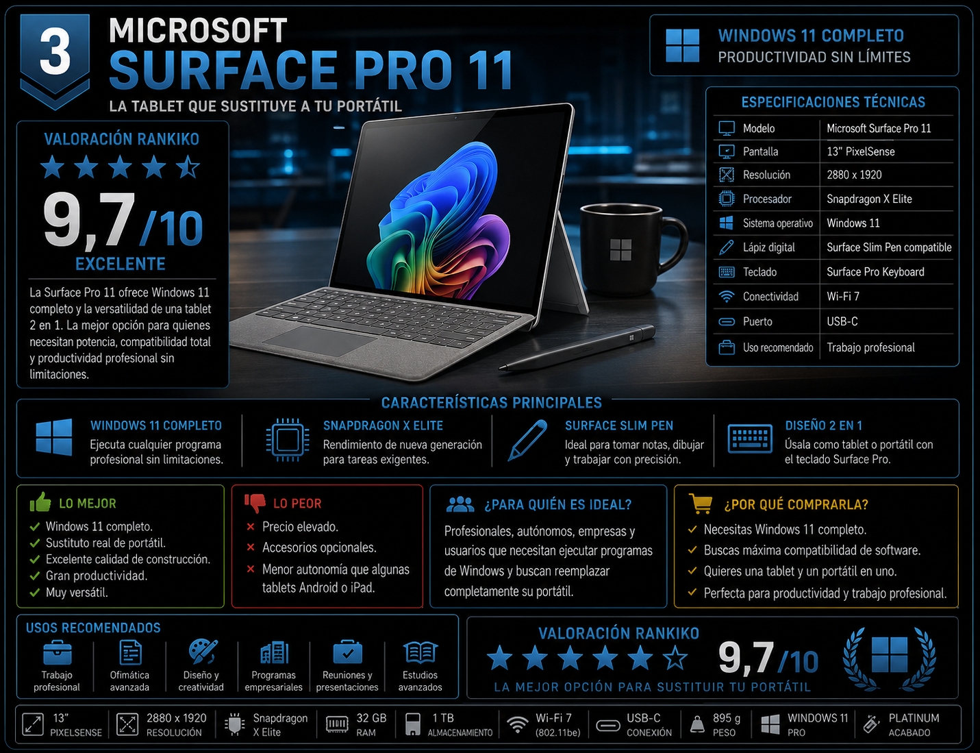 Microsoft Surface Pro 11, una de las mejores tablets para trabajar en 2026, con pantalla PixelSense de 13 pulgadas, procesador Snapdragon X Elite, Windows 11 y diseño 2 en 1 para productividad profesional.