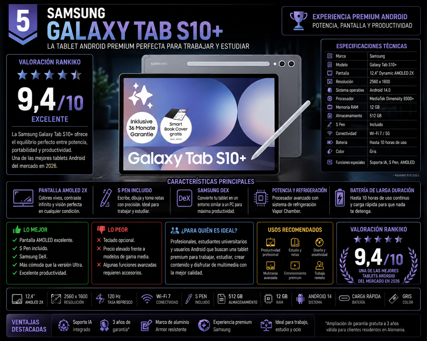 Samsung Galaxy Tab S10+, una de las mejores tablets Android para trabajar en 2026, con pantalla Dynamic AMOLED 2X de 12,4 pulgadas, S Pen incluido, Samsung DeX y productividad profesional avanzada.