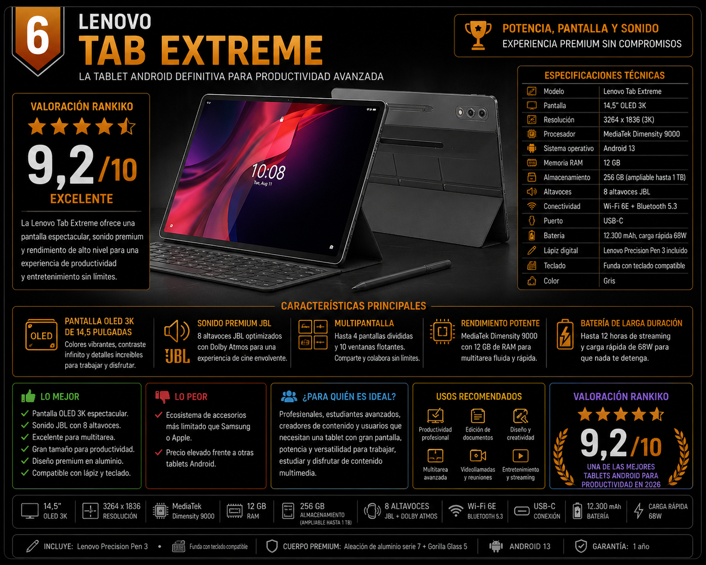Lenovo Tab Extreme 14,5 pulgadas OLED 3K con Android, teclado y lápiz digital, una de las mejores tablets para trabajar y productividad avanzada en 2026.