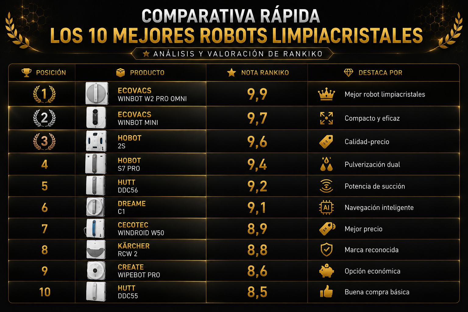 Comparativa de los 10 mejores robots limpiacristales de 2026 con ECOVACS Winbot W2 Pro Omni, HOBOT 2S, Dreame C1, Kärcher RCW 2 y Cecotec WinDroid W50