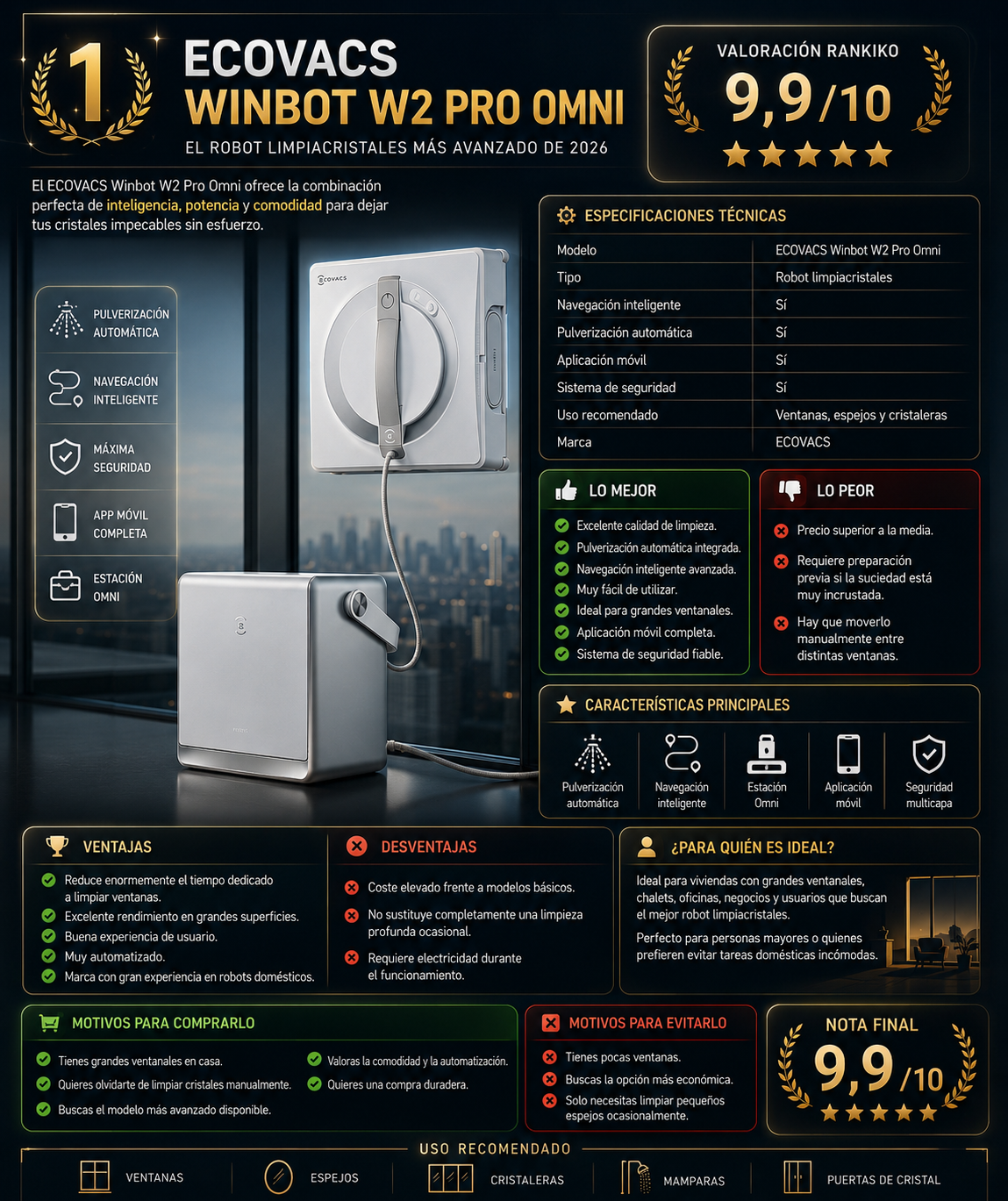 ECOVACS Winbot W2 Pro Omni robot limpiacristales con estación Omni y pulverización automática, considerado el mejor robot limpiacristales de 2026