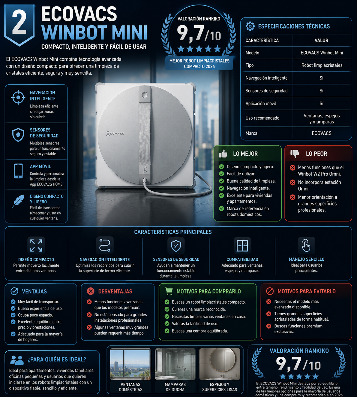 ECOVACS Winbot Mini robot limpiacristales compacto con navegación inteligente y aplicación móvil, mejor robot limpiacristales compacto de 2026