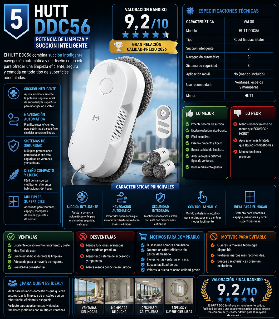 HUTT DDC56 robot limpiacristales con succión inteligente, navegación automática y diseño compacto, una de las mejores opciones calidad-precio de 2026