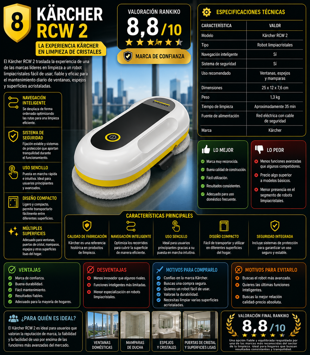 Kärcher RCW 2 robot limpiacristales con navegación inteligente, sistema de seguridad integrado y diseño compacto para ventanas y cristales