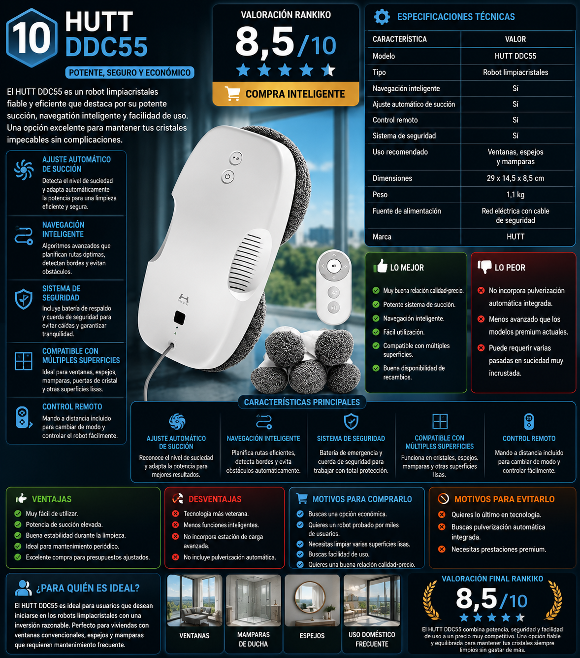 HUTT DDC55 robot limpiacristales con ajuste automático de succión, navegación inteligente y control remoto para ventanas y mamparas