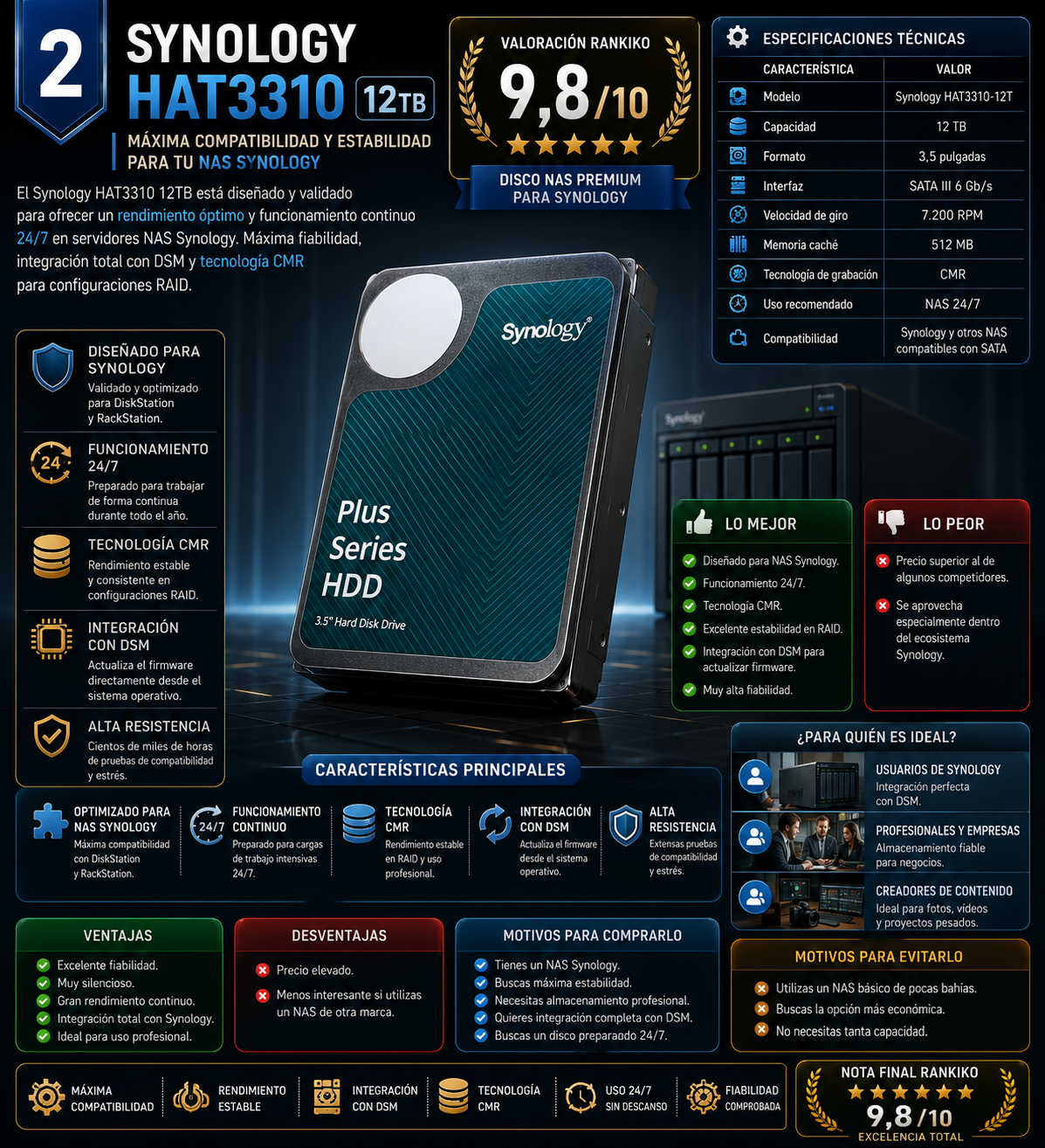 Infografía del Synology HAT3310 12TB, disco duro NAS de 3,5 pulgadas para servidores Synology, con especificaciones técnicas, ventajas, desventajas y valoración Rankiko de 9,8/10.
