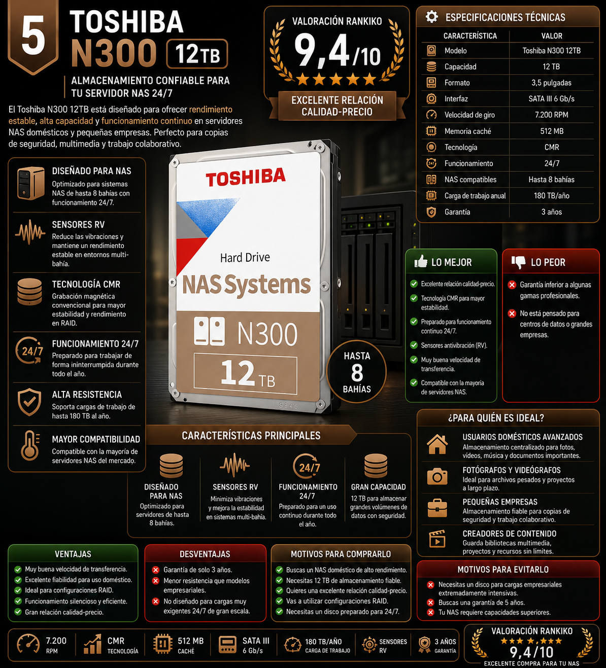 Infografía del Toshiba N300 12TB para NAS con análisis completo, especificaciones técnicas, ventajas, desventajas y valoración Rankiko de 9,4/10 para servidores NAS domésticos y pequeñas empresas.