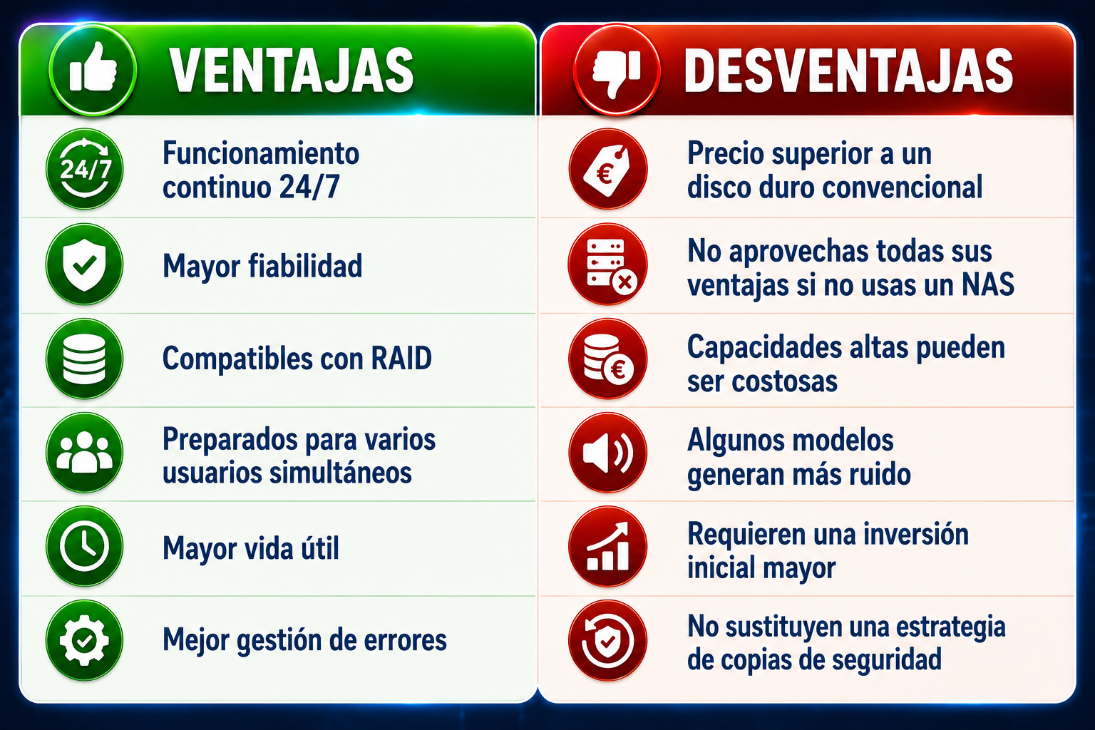 Infografía con las principales ventajas y desventajas de los discos duros NAS para servidores domésticos y profesionales