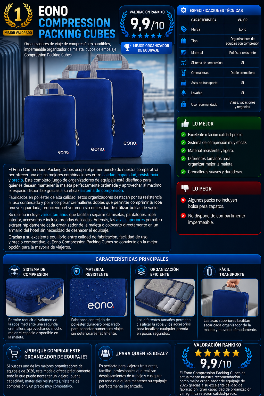 Infografía del Eono Compression Packing Cubes con características, especificaciones técnicas, ventajas, desventajas y valoración Rankiko de 9,9/10.