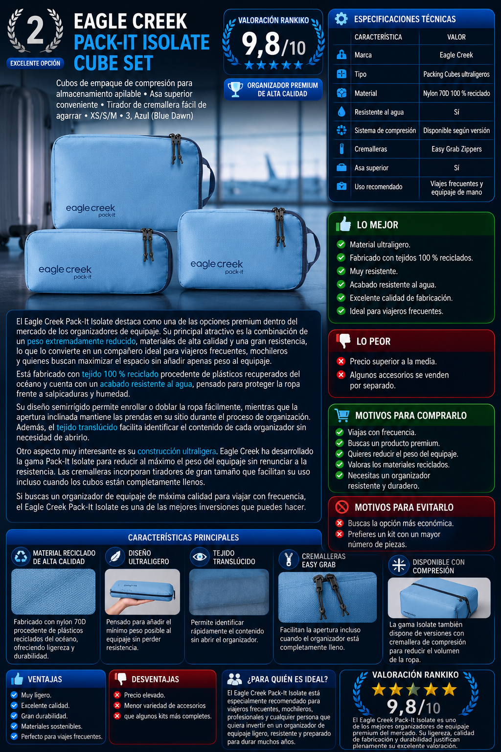 Infografía del Eagle Creek Pack-It Isolate Cube Set con especificaciones técnicas, ventajas, desventajas y valoración Rankiko de 9,8/10.
