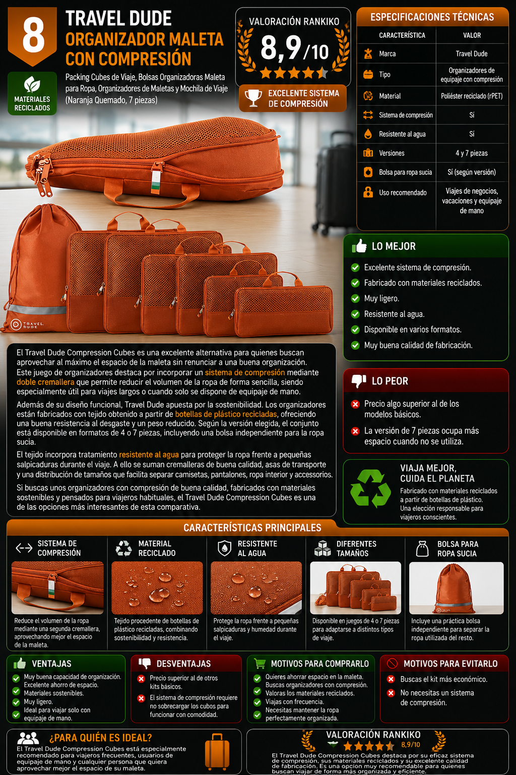 Infografía del Travel Dude Organizador de Maleta con Compresión de 7 piezas con especificaciones técnicas, ventajas, desventajas y valoración Rankiko de 8,9/10.
