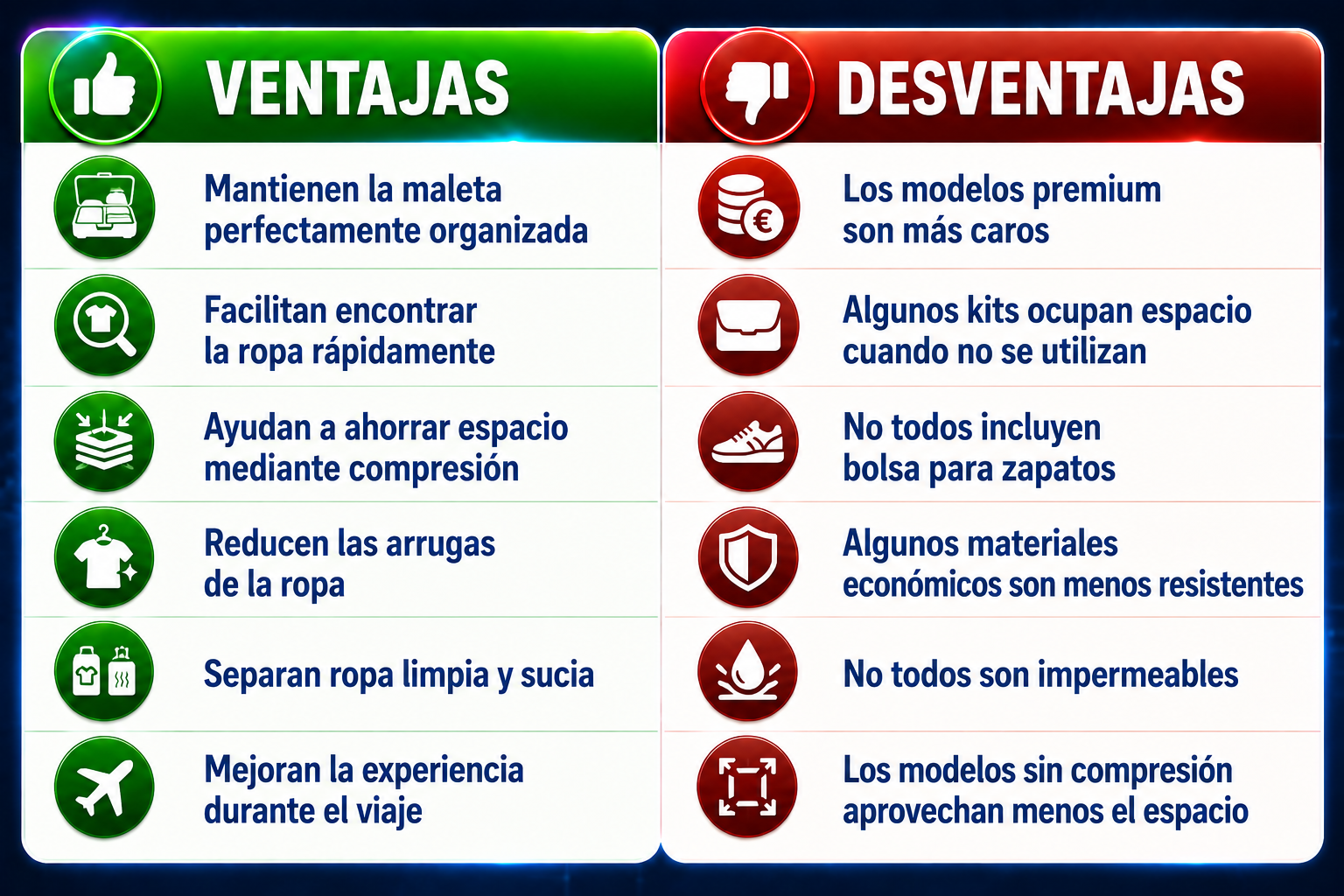Ventajas y desventajas de los organizadores de equipaje con comparativa de packing cubes para ahorrar espacio y organizar la maleta
