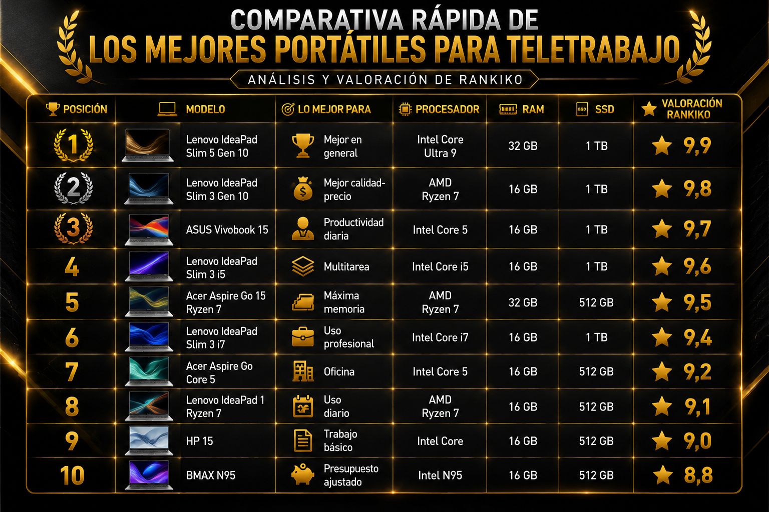 Comparativa rápida de los 10 mejores portátiles para teletrabajo con procesador, memoria RAM, almacenamiento SSD y valoración Rankiko.