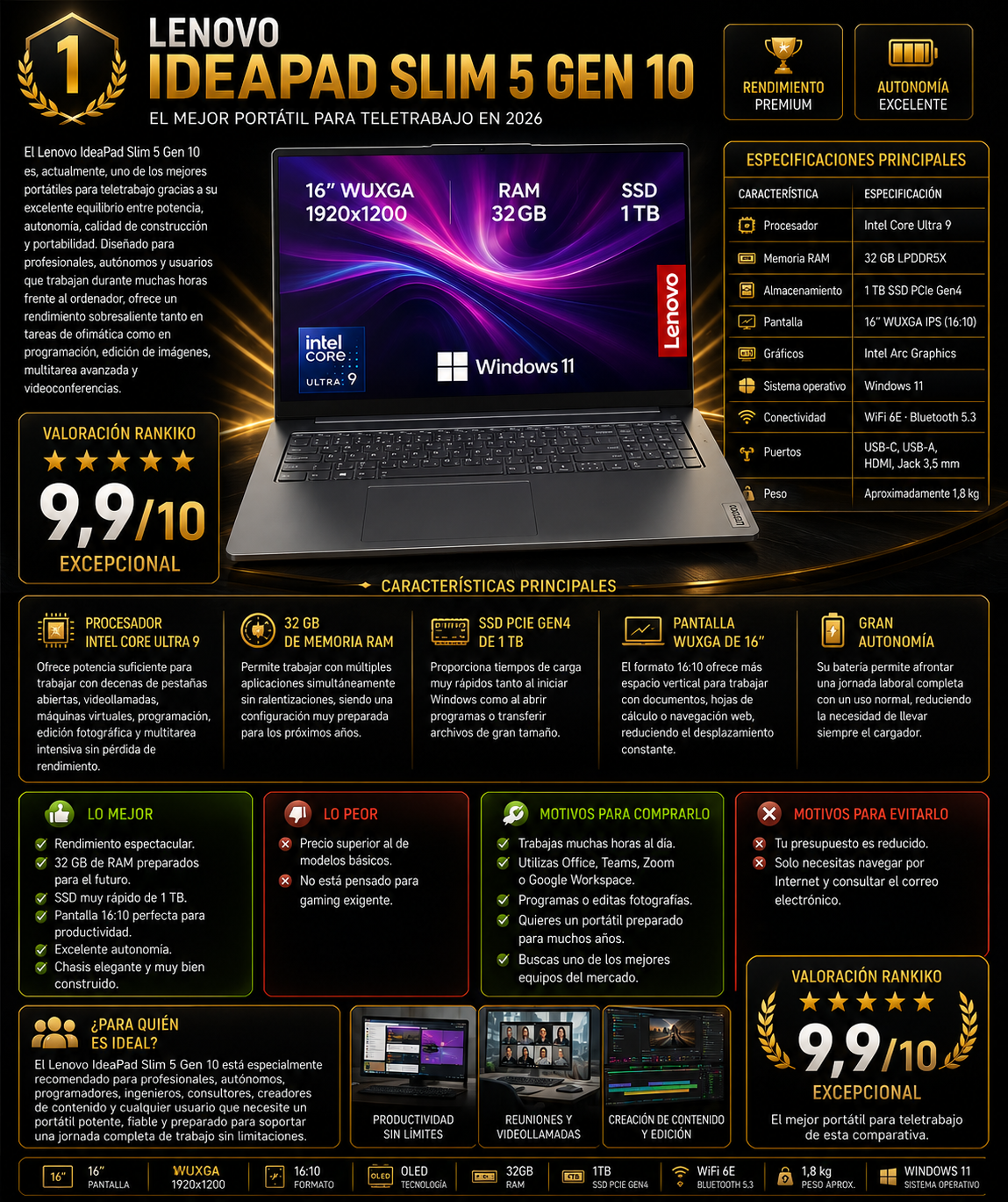 Infografía del Lenovo IdeaPad Slim 5 Gen 10 con especificaciones técnicas, valoración Rankiko 9,9/10, ventajas, desventajas y características para teletrabajo.