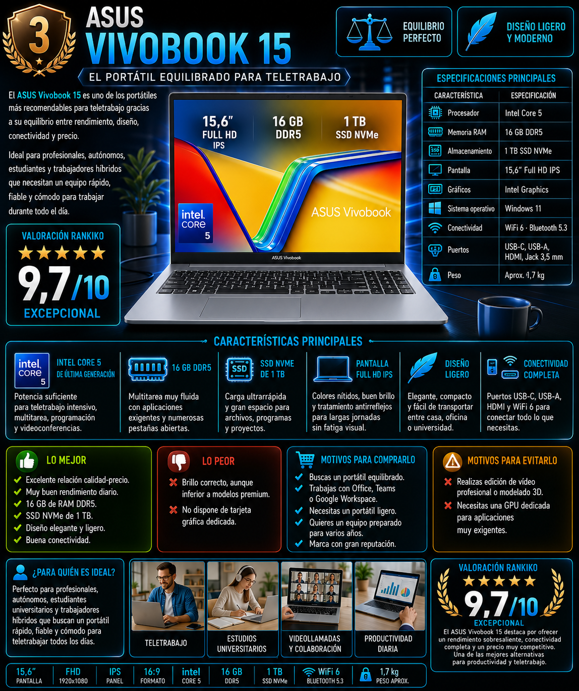 ASUS Vivobook 15 para teletrabajo con Intel Core 5, 16 GB DDR5, SSD NVMe de 1 TB y pantalla Full HD IPS de 15,6 pulgadas. Análisis, especificaciones, ventajas y valoración Rankiko 9,7/10.