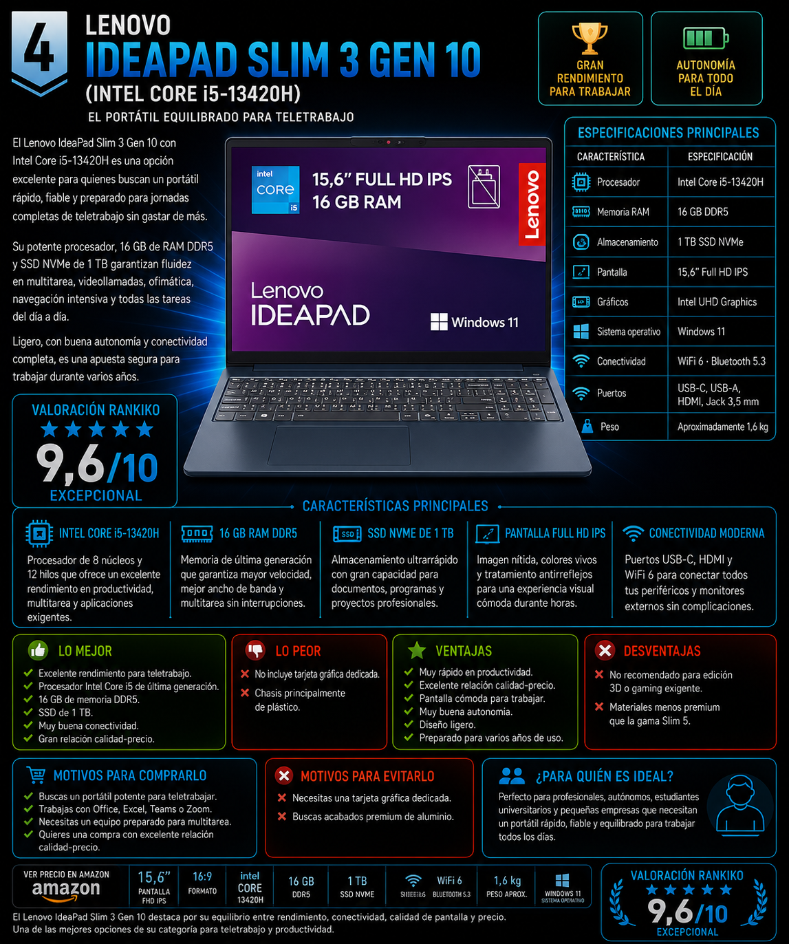 Lenovo IdeaPad Slim 3 Gen 10 con Intel Core i5-13420H, 16 GB DDR5 y SSD de 1 TB, uno de los mejores portátiles para teletrabajo según el análisis de Rankiko.
